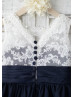 Navy Blue Taffeta Ivory Lace V Back Knee Length Flower Girl Dress